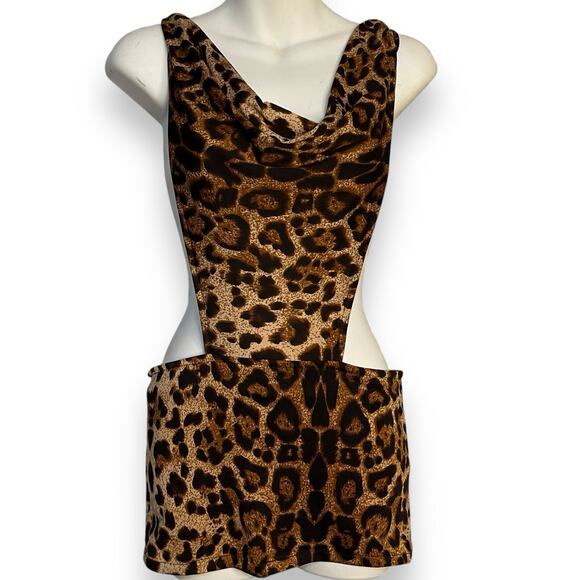 Mini Animal Print Exotic Dancer Dress Women's Small Brown Backless Chain Sexy - Picture 2 of 15